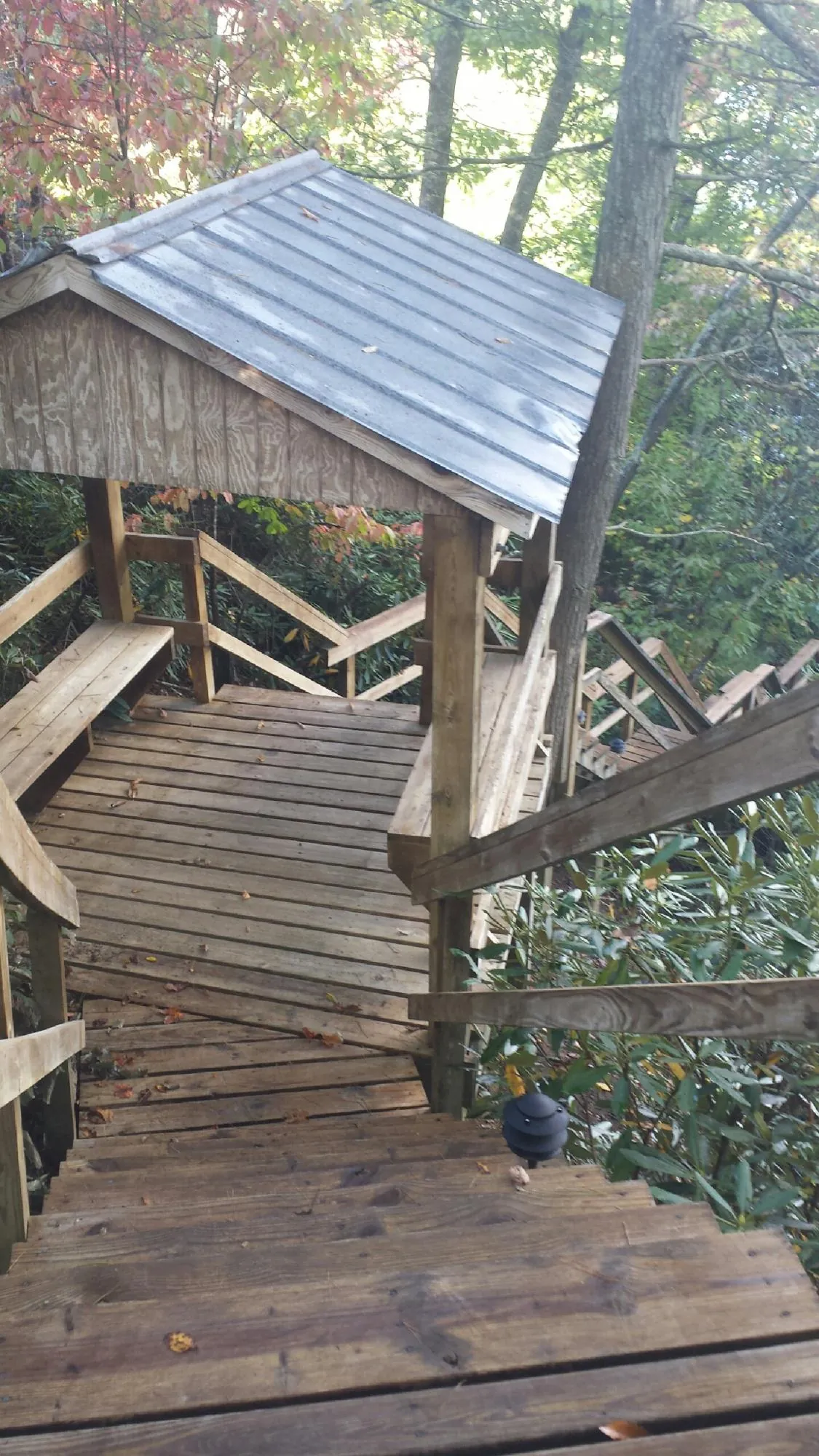 Metal roofed shelter over wooden steps on a wooded walkway — Skylight Repair & Installation work by our crew in Goreville